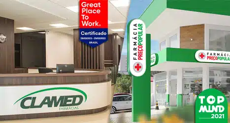 2021 • A CLAMED é eleita novamente uma das melhores empresas para trabalhar, pelo Instituto de Pesquisa Great Place to Work (GPTW);  • A Farmácia Preço Popular conquista o Prêmio Top of Mind, que reconhece as marcas mais lembradas em Santa Catarina;